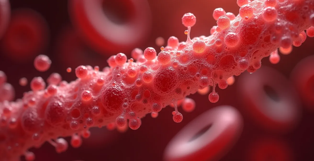 Macro view of platelets becoming sticky and clumping together like velcro after smoking