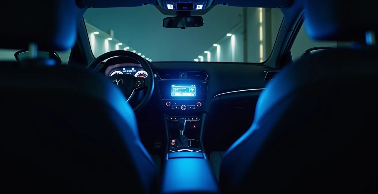 Professional ozone treatment setup in vehicle interior