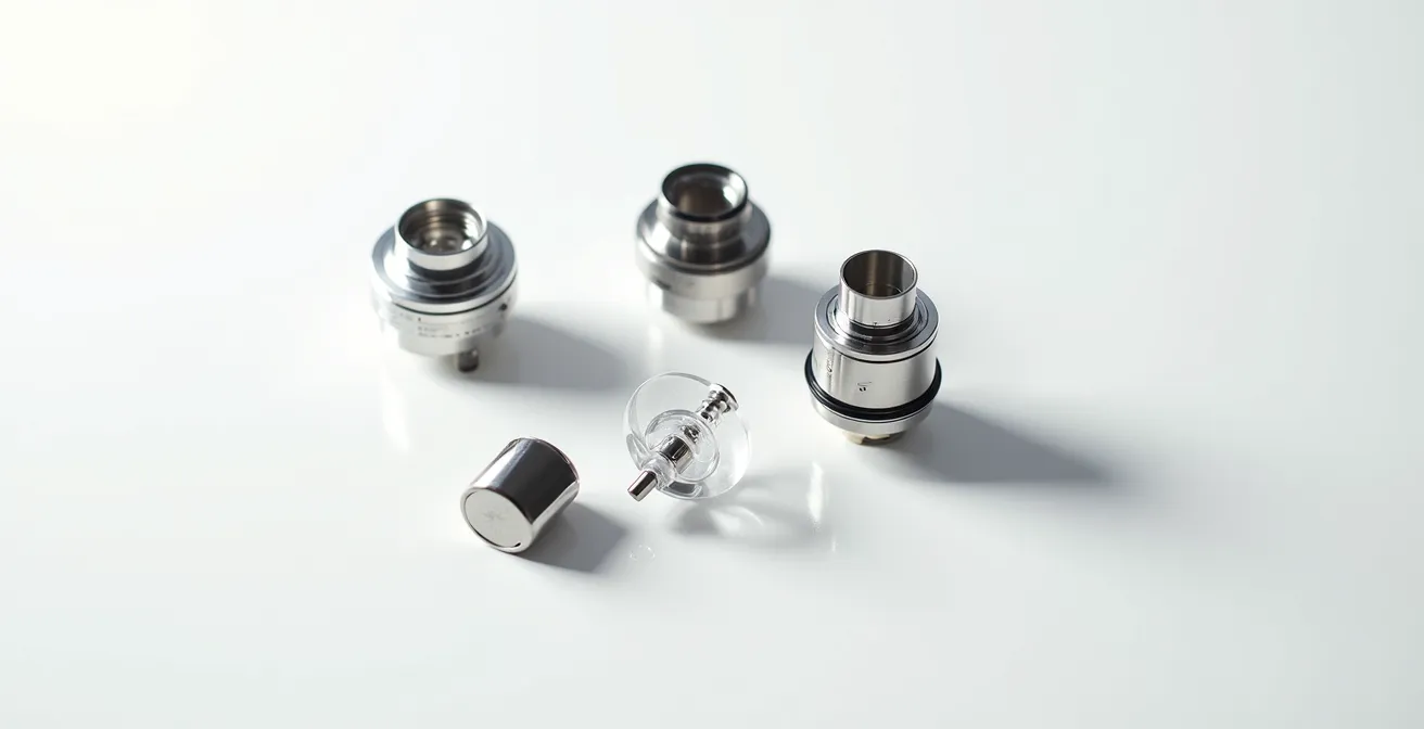 Disassembled vaping device components laid out for cleaning maintenance