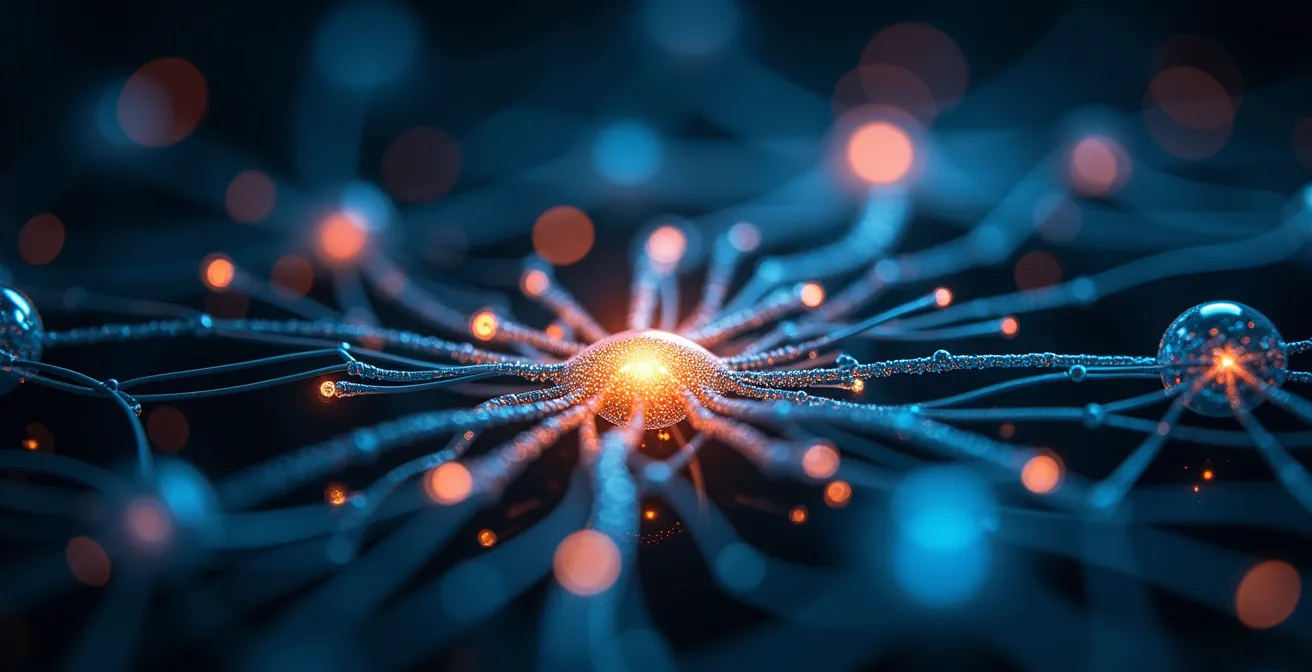 Close-up of neural pathways visualized as glowing networks, representing the addiction brain versus rational brain