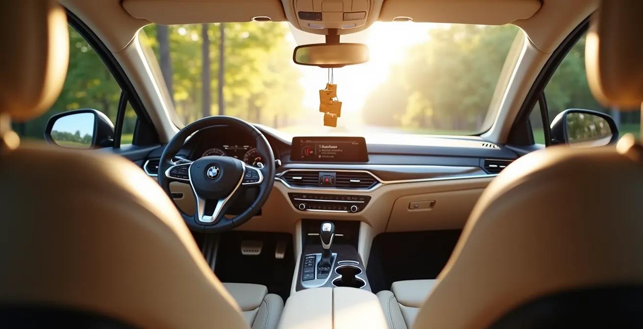 The pristine interior of a car, flooded with morning sunlight, featuring brandless fresh air accessories, symbolizing a complete transformation to a smoke-free environment.