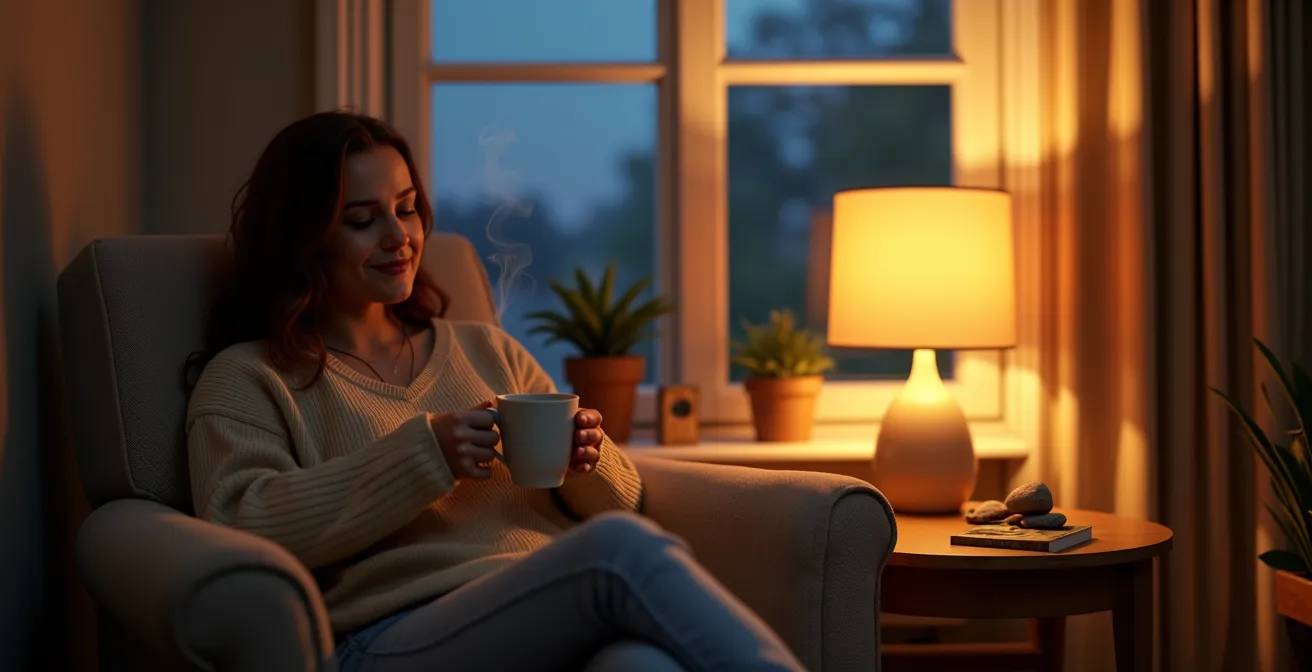 Person enjoying herbal tea on cozy evening couch with soft lighting