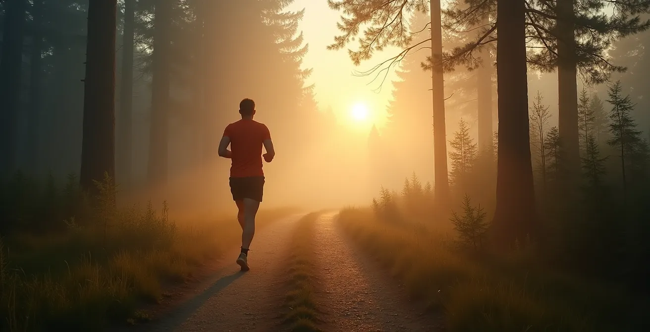 Wide shot of a person exercising outdoors in a natural environment during their recovery journey