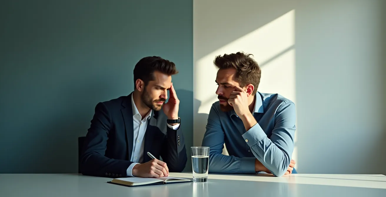 A professional assessing their mental state in a quiet office, representing the choice between burnout and withdrawal