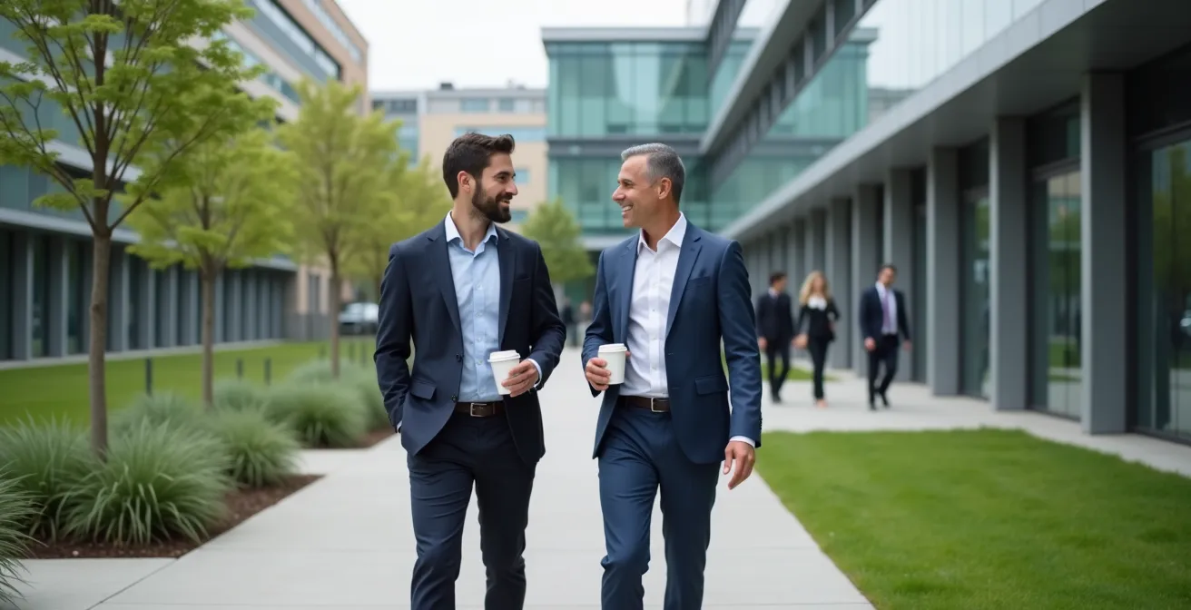 Business professionals engaged in walking meeting as an alternative to a smoking break