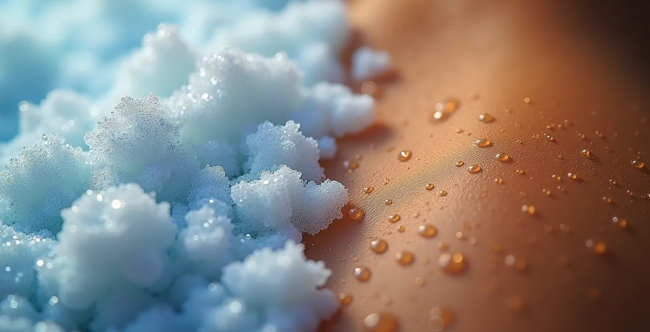 Macro photograph comparing healthy and unhealthy dopamine sources through visual metaphor of sugar crystals versus skin with perspiration.
