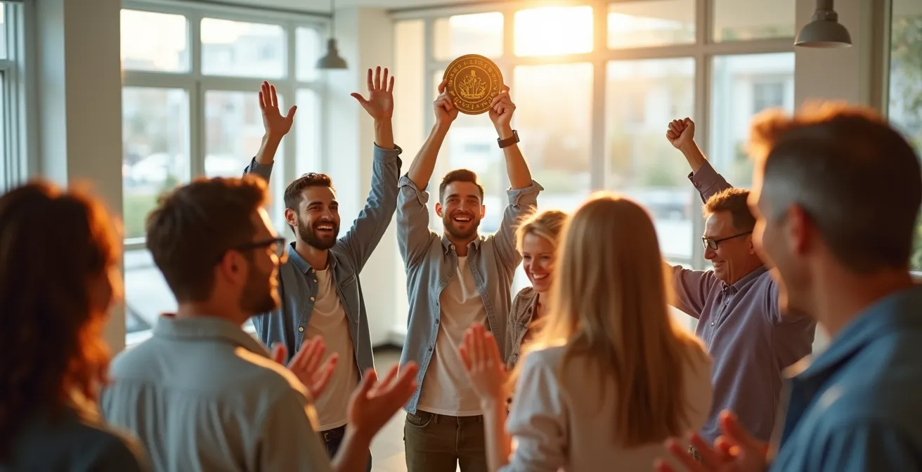 Group of people celebrating around someone holding a symbolic milestone achievement token