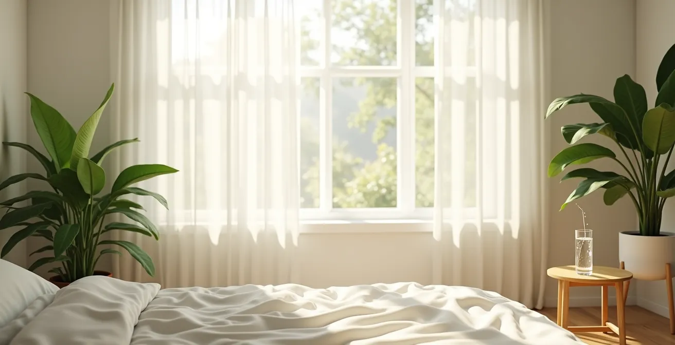 A serene, minimalist room with clean air, symbolizing a protective environment for healing lungs.