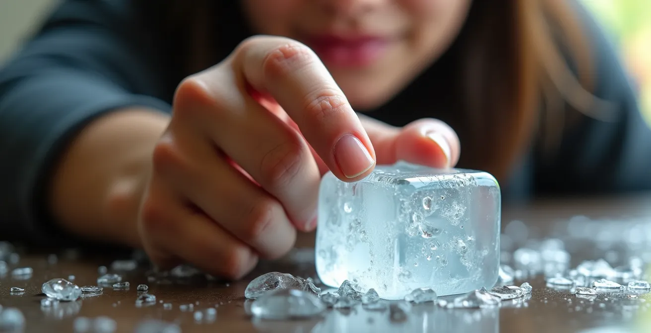 A person's hand gripping a melting ice cube, showing the intense cold sensation with reddened fingers and water droplets.