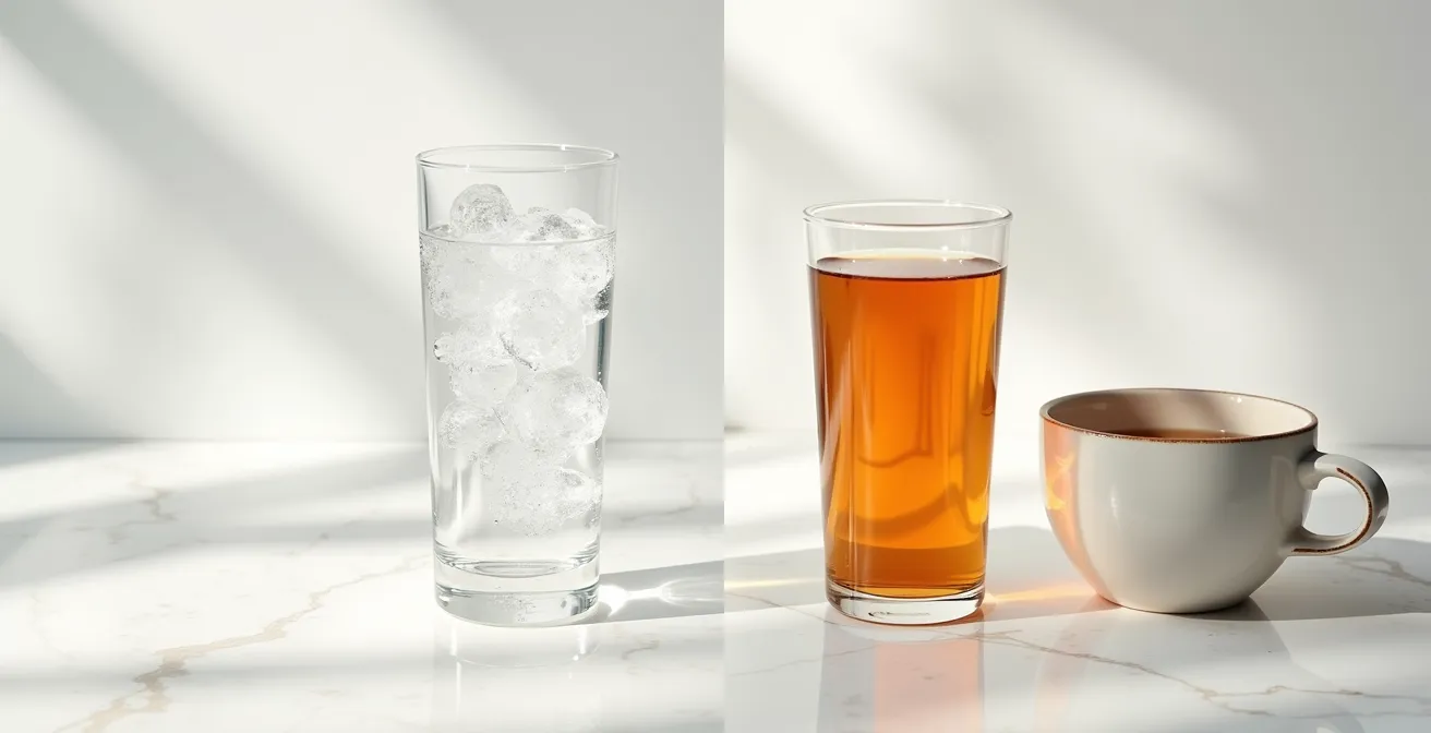 Split composition showing iced water glass with condensation on left and steaming herbal tea cup on right
