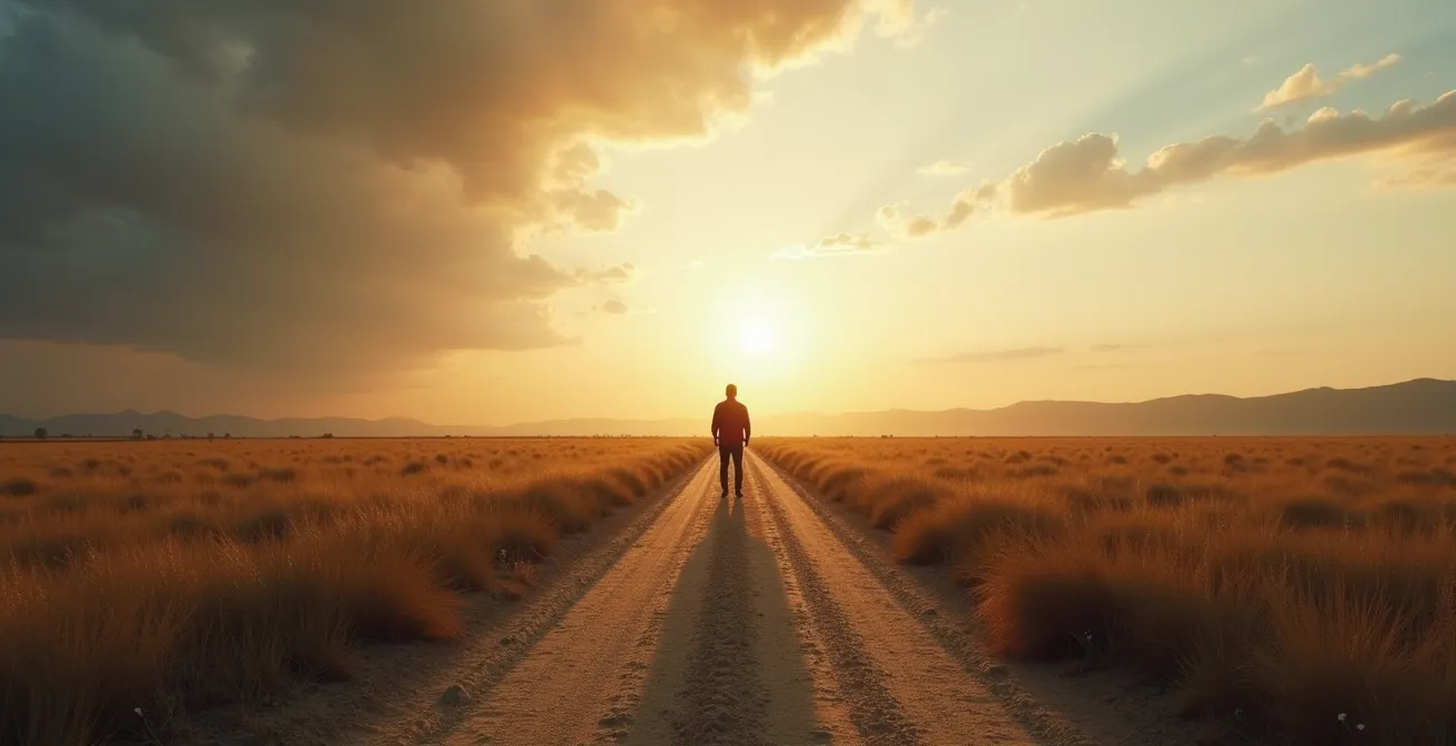 Wide shot of person standing at crossroads in vast landscape at golden hour