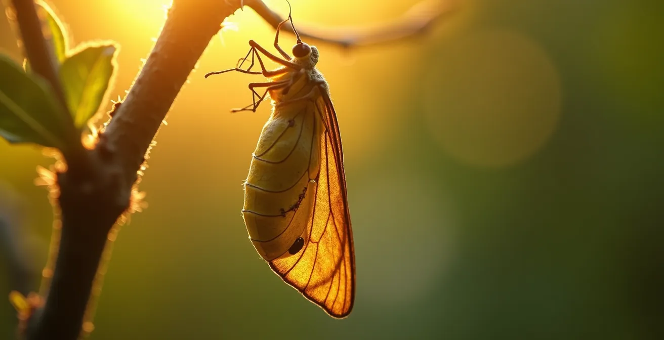 A chrysalis opening to reveal emerging butterfly wings in golden light