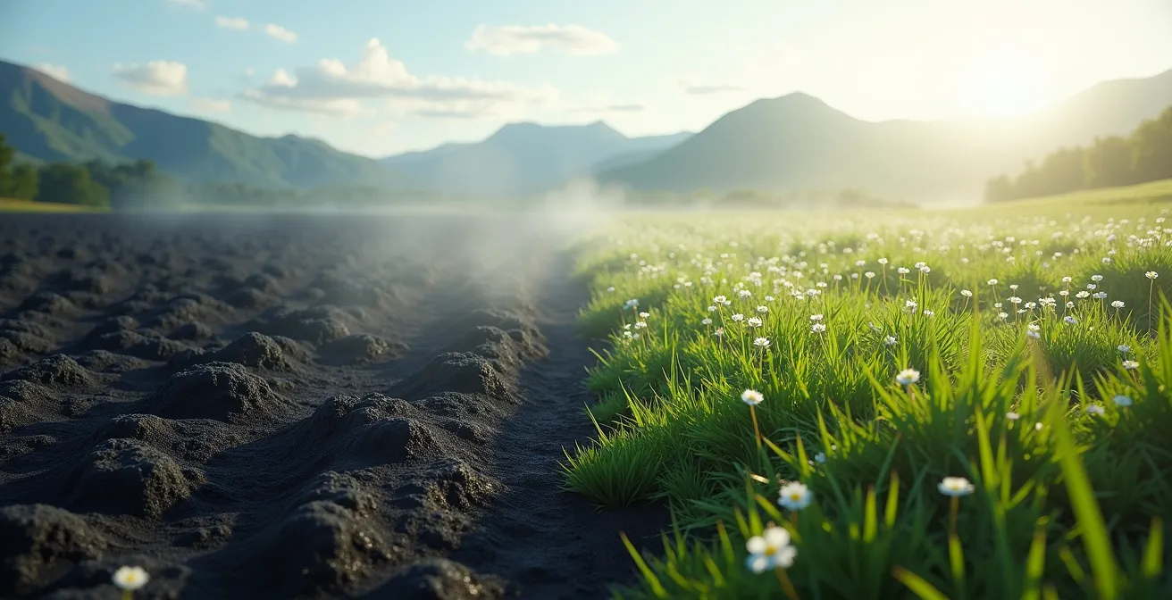 Visual representation of immune system reactivation after smoking cessation, showing a dormant landscape bursting into vibrant life.
