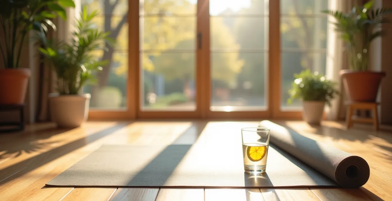 Minimalist morning scene with glass of water, exercise mat, and sunrise through window