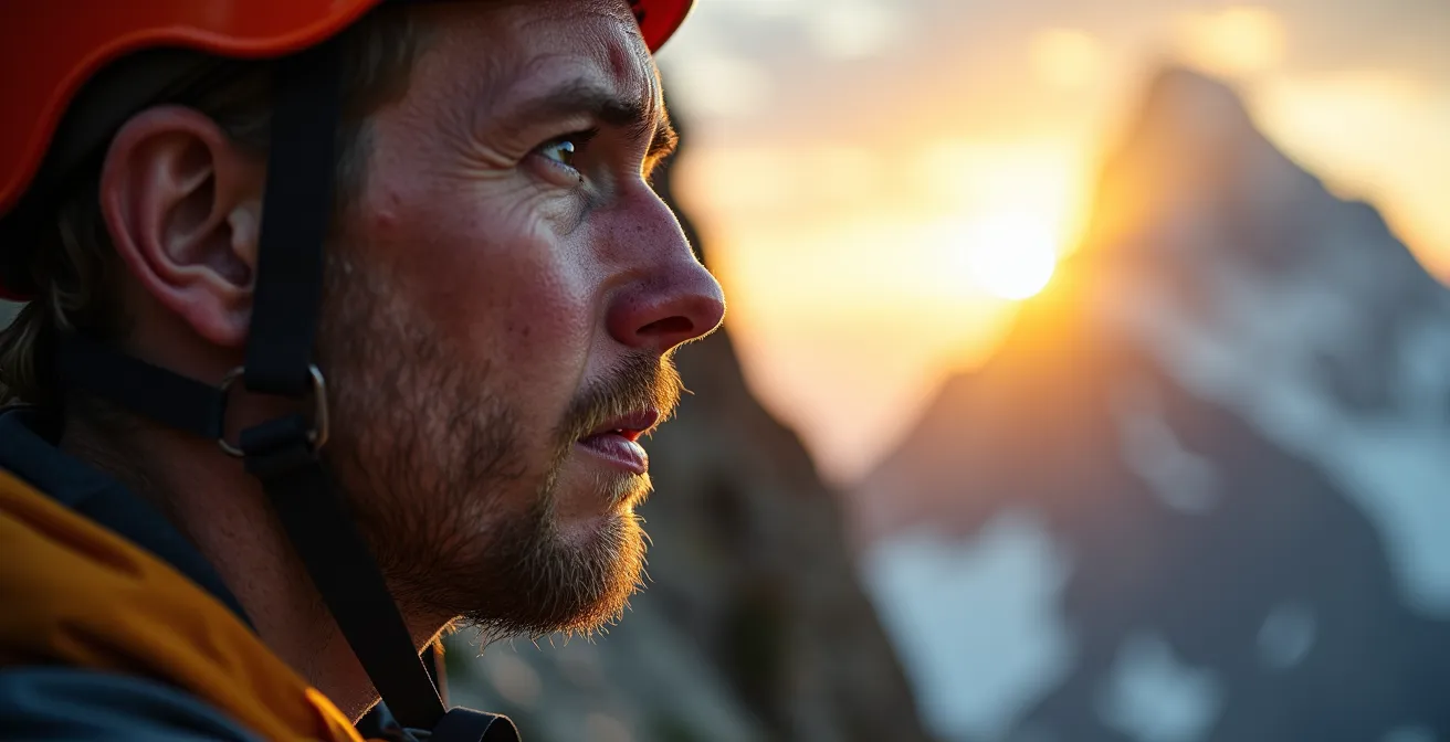 Climber approaching mountain summit at dawn with steep final ascent visible