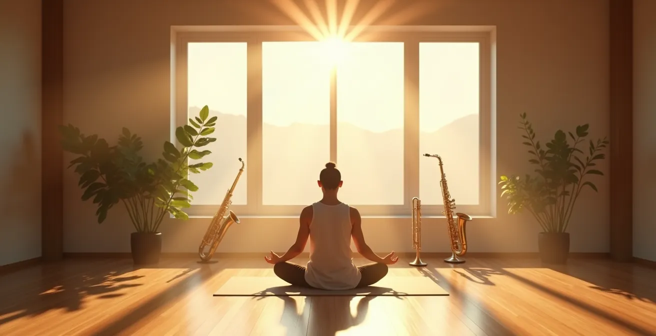 Person practicing breathing exercises with wind instruments in a peaceful environment