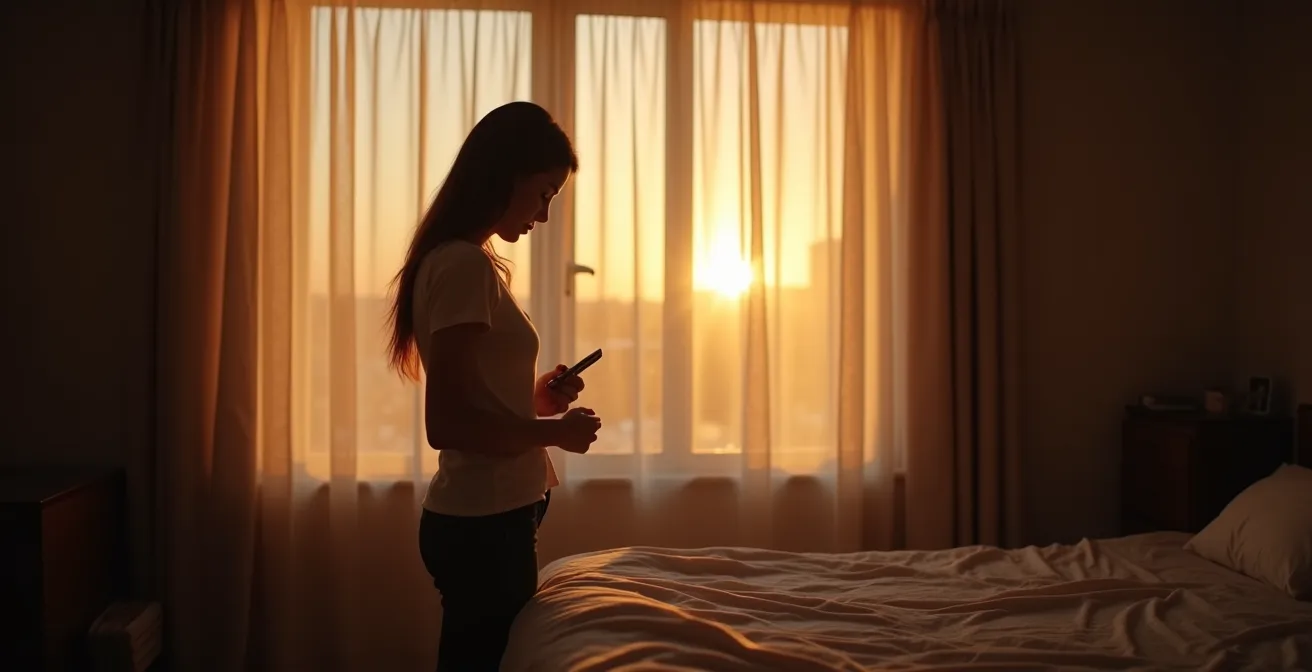 Person's hand removing patch from upper arm in evening bedroom setting