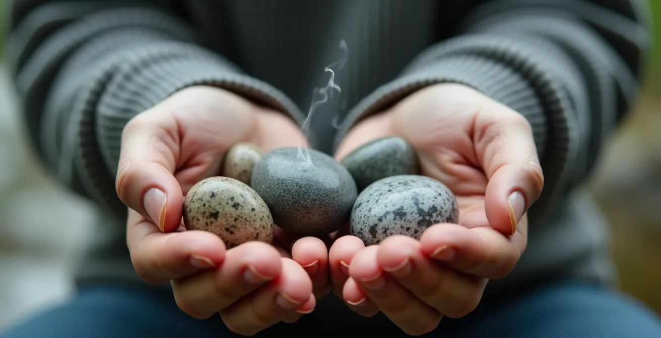 Close-up of hands holding smooth stones with soft focus on face practicing breathing exercises