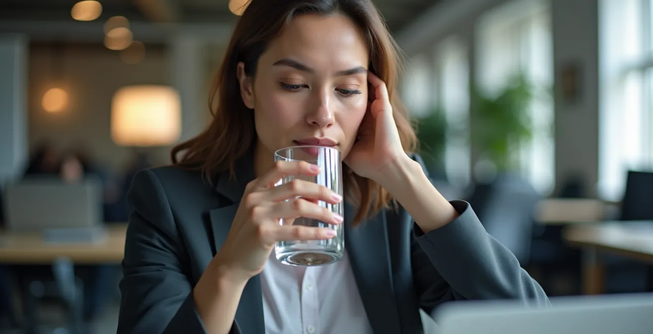 Office worker taking a subtle sip of water at their desk