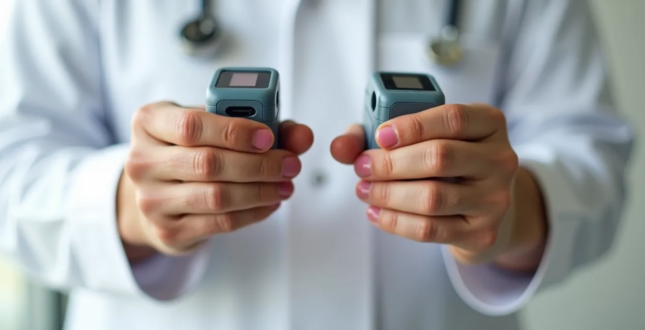 Close-up comparison of pulse oximeter readings on fingers showing different oxygen saturation levels