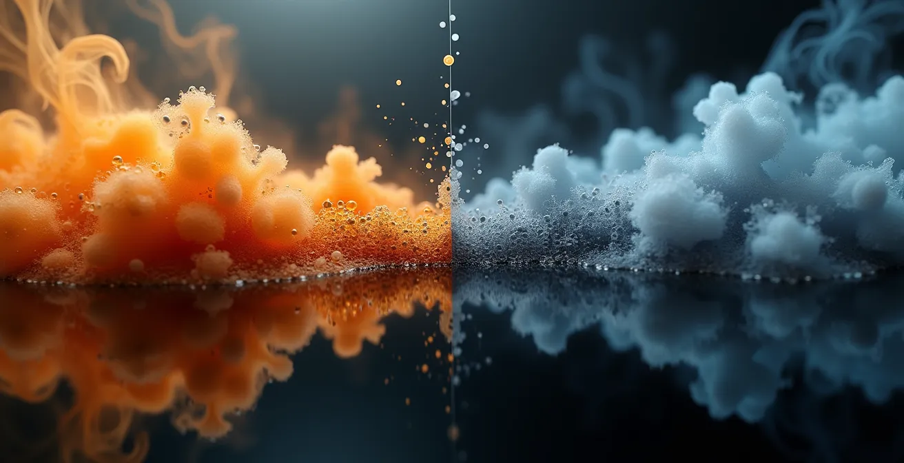 Microscopic view comparing particle size and density between sidestream and mainstream smoke