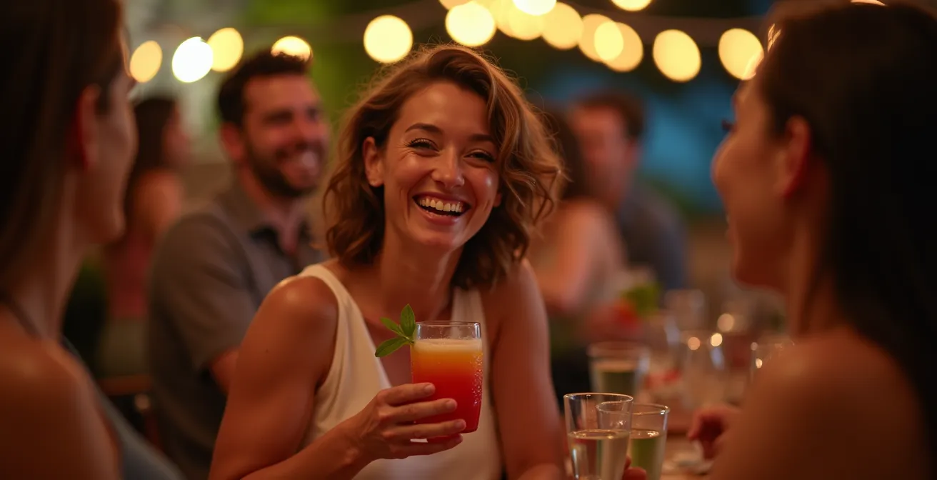 Person engaged in animated conversation at a party, surrounded by friends in warm indoor lighting