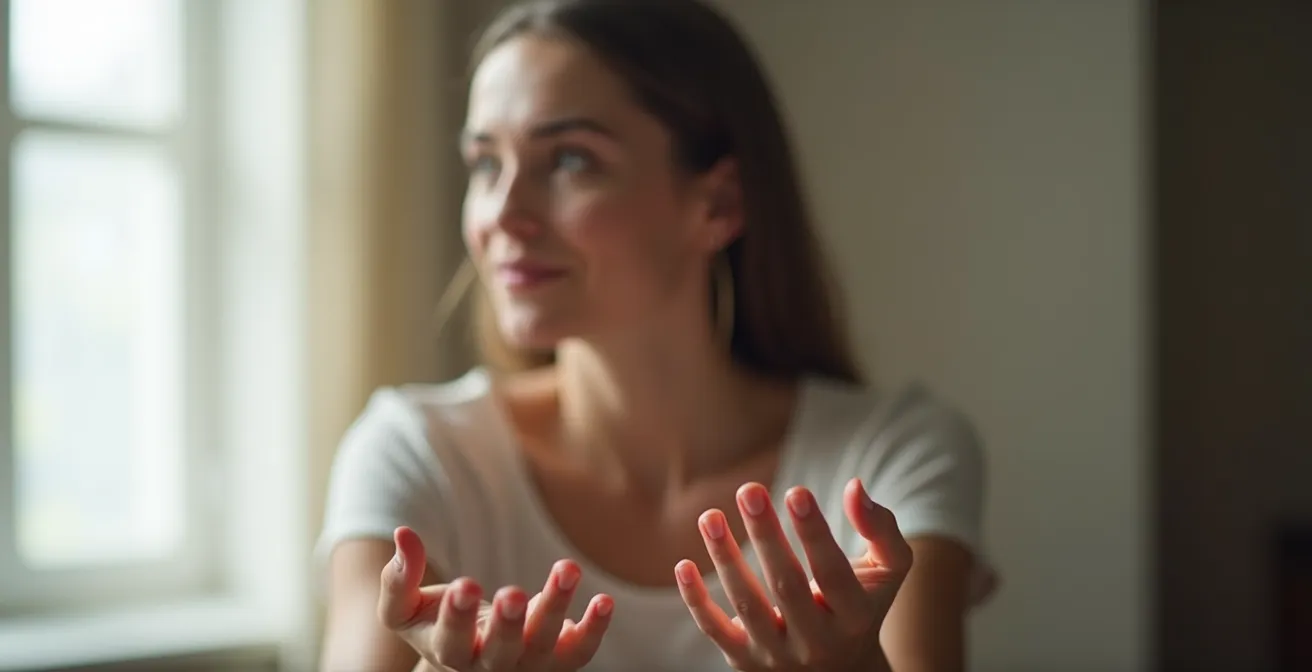 Person demonstrating gentle shaking movement for stress release in a minimalist space
