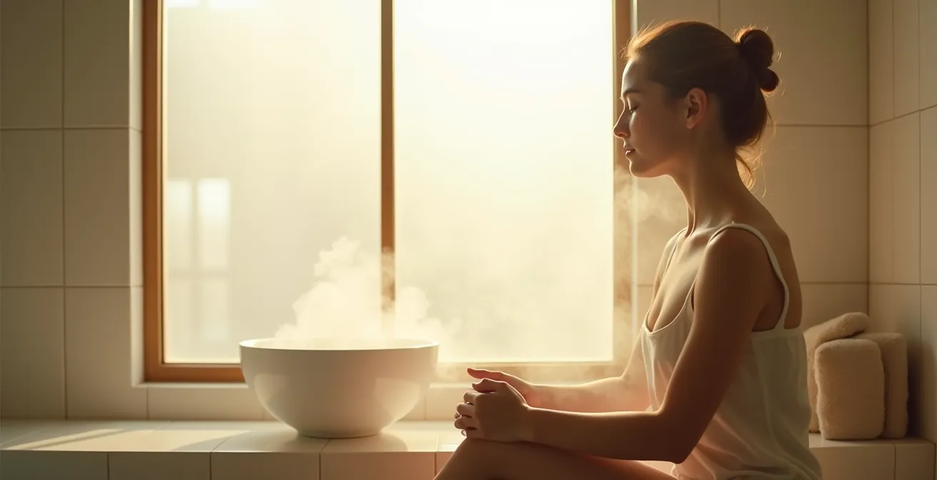 Person using steam inhalation therapy in a minimal environment