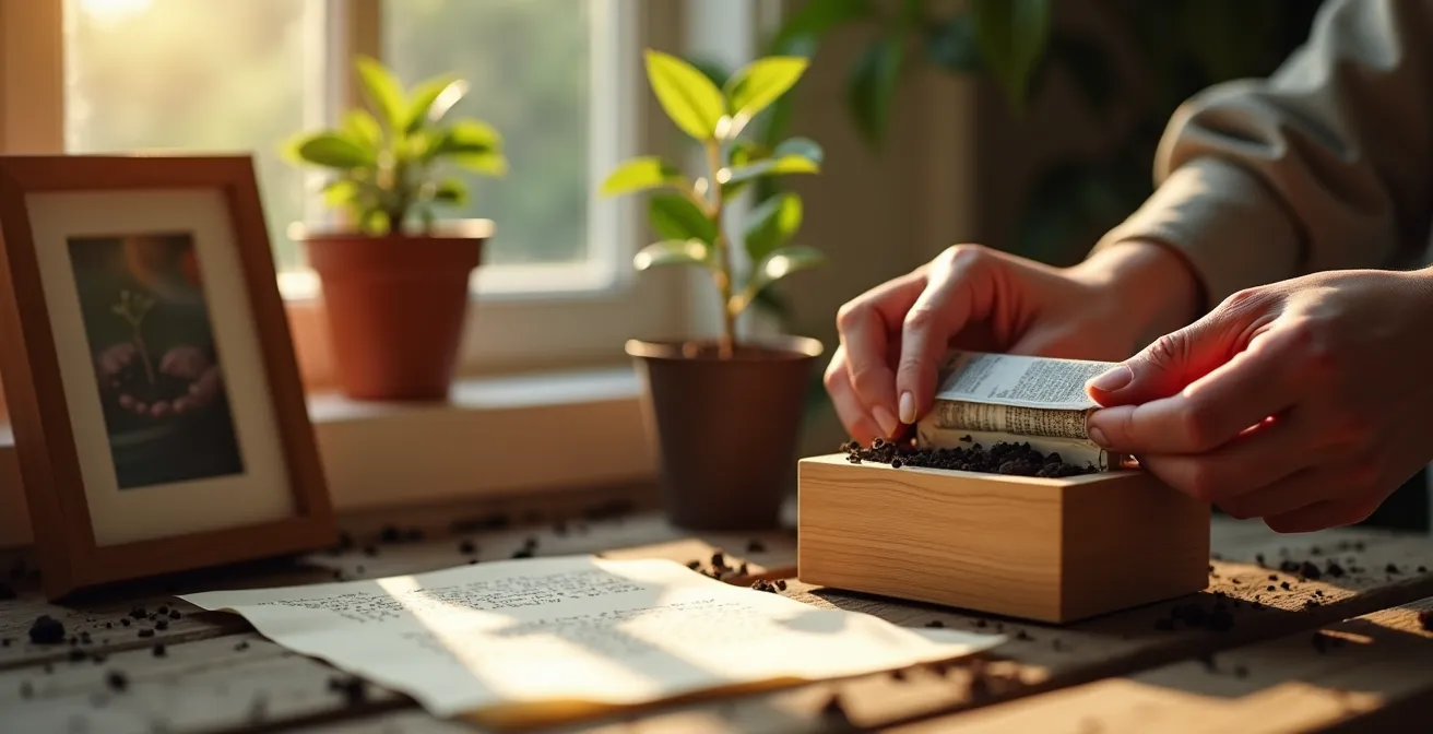 A person ceremonially places a crumpled cigarette pack into a small wooden box, symbolizing a funeral ritual for smoking and the start of a new, healthy life.