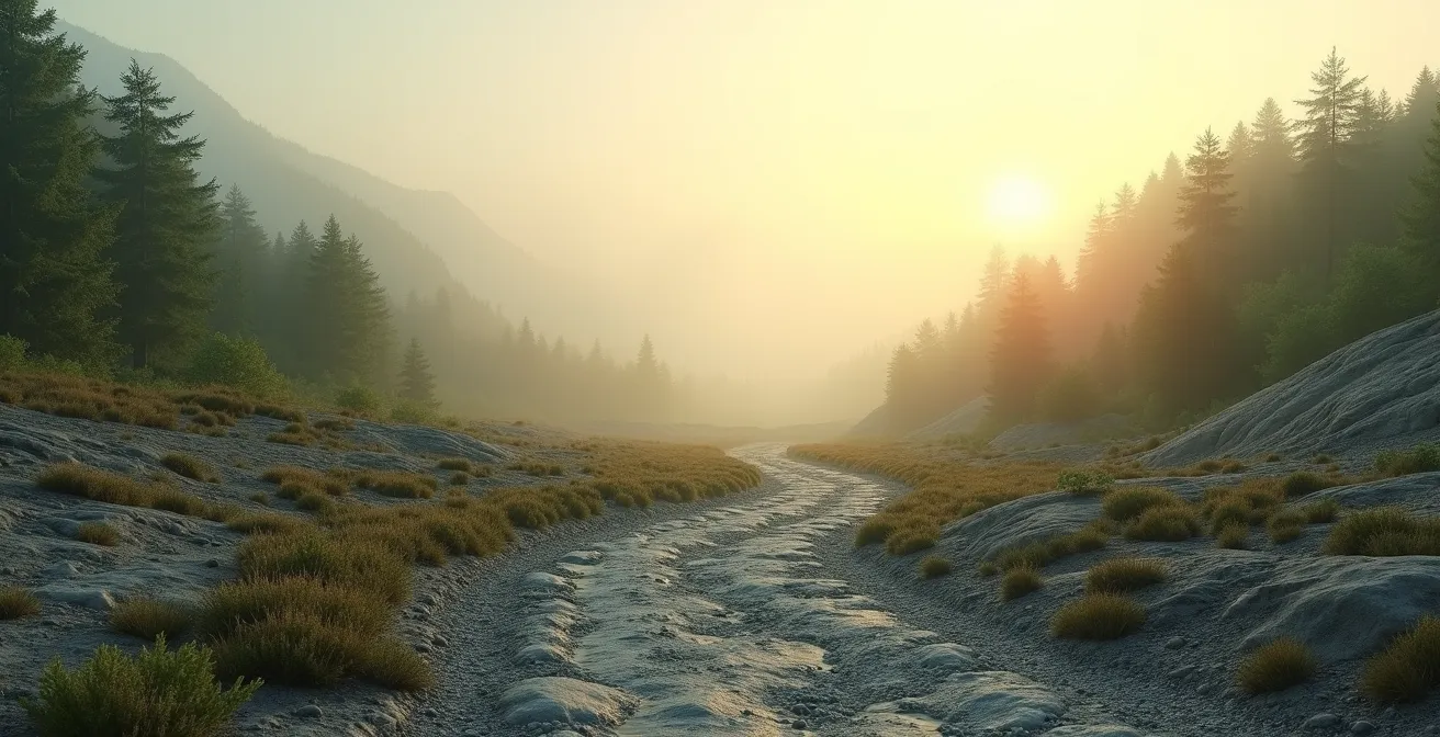 An environmental wide shot depicting the journey of dopamine recovery, moving from barren terrain to a lush green forest.