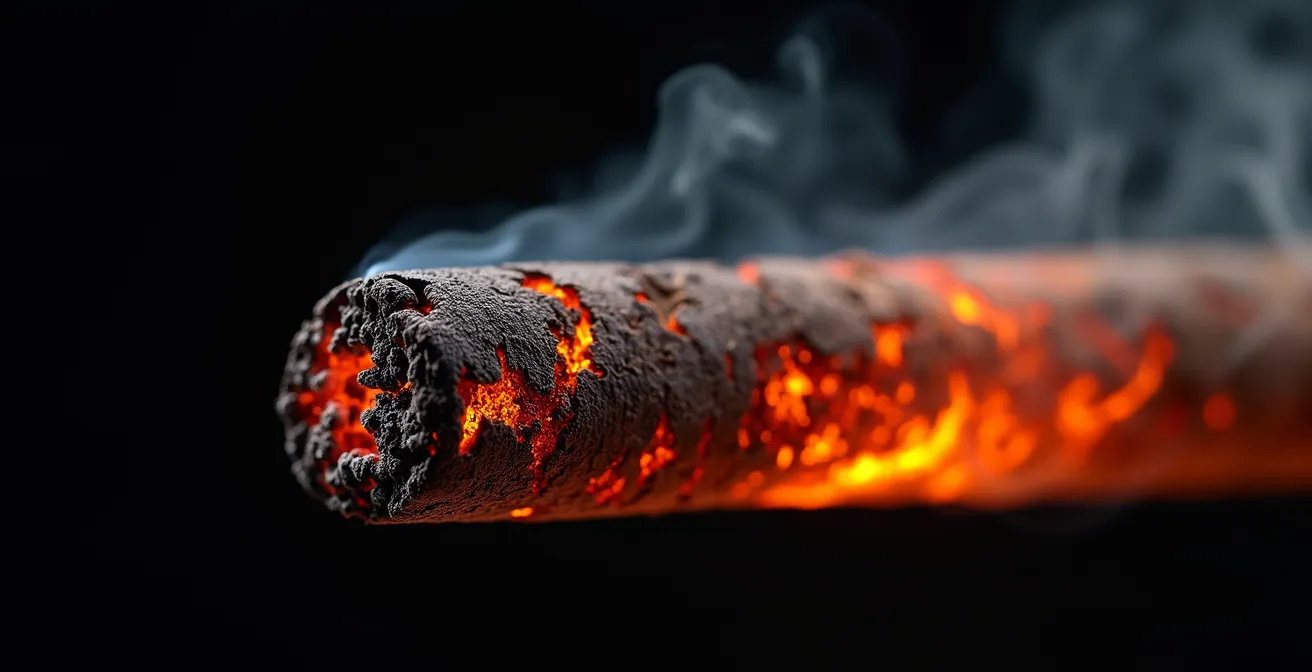 Macro view of burning tobacco showing heat transformation