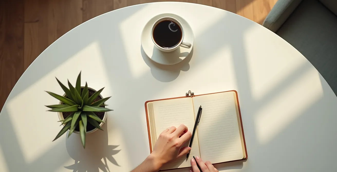 Overhead view of hands writing in a trigger tracking journal with coffee nearby